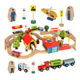 Set complex de joaca din lemn, oraselul vesel, 69 piese, multicolor, animale, masini, elicopter, case, tren, figurine