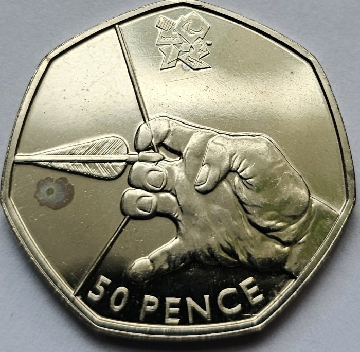 50 pence 2011 Marea Britanie Archery, 2012 London, unc, mica pată, km#1167