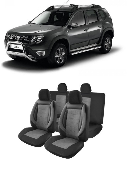 Set huse scaune compatibile Dacia Duster 2010-2017 Piele + Textil (Compatibile cu sistem AIRBAG)