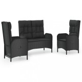 Set mobilier de gradina cu perne, 3 piese, negru, poliratan