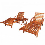 Set 2 Șezlonguri vidaXL Lemn Acacia, Masă Pliabilă, Spătar Reglabil, Roți, Exterior, 200x68x30 cm