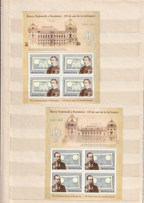 ROMANIA 2015 LP 2079 c 135 DE ANI DE LA INFIINTAREA BNR MINICOLI DE 4 TIMBRE CU MANSETA ILUSTRATA MNH NESTAMPILATE