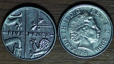 Anglia Marea Britanie set 2 x 5 pence 2009 + 2014 - Elisabeta II - varianta magnetica + nonmagnetica - impecabile ! foto