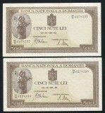 q783 PERECHE CONSECUTIVA 500 LEI 20 APRILIE 1942 filigran BNR vertical APROAPE NECIRCULATA aUNC
