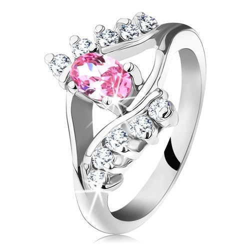 Inel strălucitor cu un zirconiu roz cu transparent &icirc;n formă de ochi, braţe despicate - Marime inel: 48
