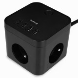 Prelungitor cube Huslog EMX-190224, Negru 4xUSB 5V, 2.1A, 3 prize, protectie copii, 1,5, 230 V 50/60 Hz, max. 10 A