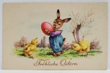 FROLICHE OSTERN (PASTE FERICIT ! ), CARTE POSTALA , CU IEPURAS SI PUI DE GAINA , PERIOADA INTERBELICA