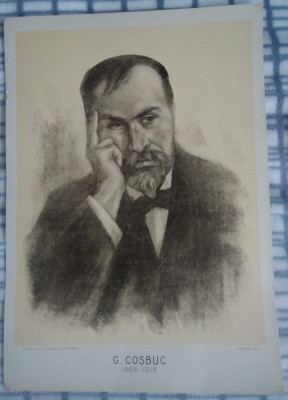 Ilustrație gravură pe carton, dimensiuni mari : George Coșbuc, anii 1930 foto