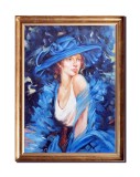 Cumpara ieftin Tablou inramat tanara cu palarie albastra pictat manual, Eleganta, 70x50cm ulei pe panza, Mircea Iordache