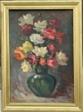 Tablou anii 40-50 Natura Statică Vas cu Flori Trandafiri, pictura ulei inramata 43x58 cm