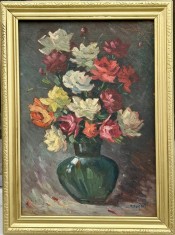 Tablou anii 40-50 Natura Statică Vas cu Flori Trandafiri, pictura ulei inramata 43x58 cm