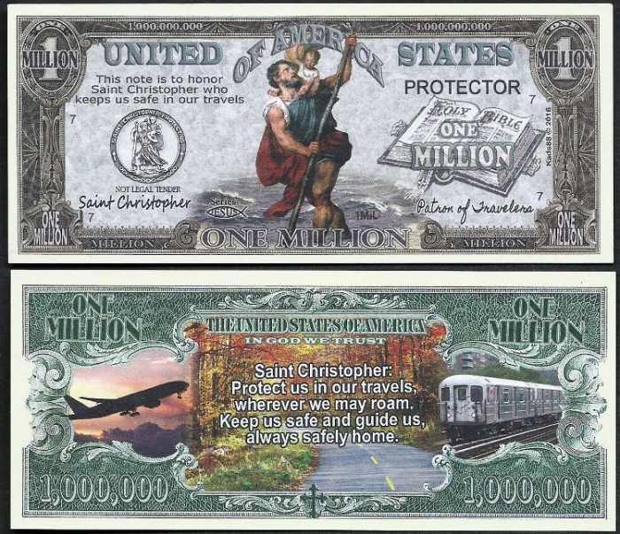 !!! SUA = FANTASY NOTE = ST. CHRISTOPHER , PATRONUL CALATORILOR - 2016 - UNC