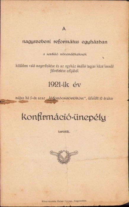 A1414 Program ceremonial confirmare religioasă Biserica Reformată Sibiu, 1921