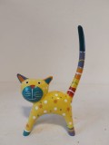 # Pisica / pisicuta de lemn pictata manual, decor figurina, galbena cu culori, vintage, vechi, 18x11cm