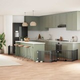 vidaXL Poartă c&acirc;ini pliabilă cu ușă 6 panouri negru, 480 cm, lemn plop 3155737