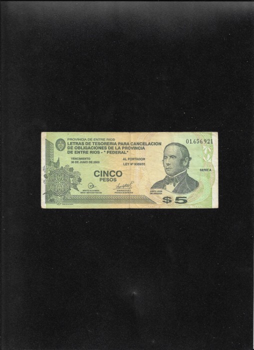 Rar! Argentina 5 pesos 2001 seria01656921 Provincia de Entre Rios