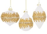Cumpara ieftin Set 12 globuri brad Craciun sticla catifea alba sclipici auriu Luxury 7,3x7,3x10,3h; 8,5x8,5x8h; 7x7x12,3h