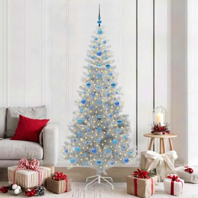 vidaXL Brad de Crăciun cu 300 LED cu suport Argintiu 210 cm PET 3396690 foto