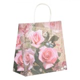 Sacosa Cadou, Model Trandafiri, Roz, Dimensiuni 26x12x26cm, Hartie Kraft, Oem