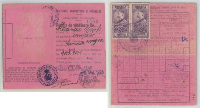 Romania, Permis de vanatoare (II), Arad, 1928