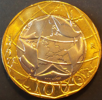 Moneda BIMETAL 1000 LIRE- ITALIA, anul 1997 *cod 2076 B = UNC - EROARE HARTA foto