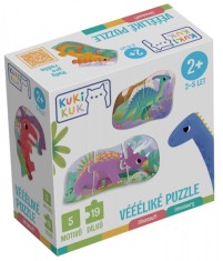 Joc educational pentru copii, 5 puzzle progresive cu Dinozauri, KuKiKuk Efko, 19 piese mari, carton gros, animatii colorate haioase, varsta 2-5 ani