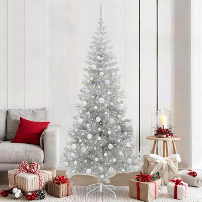 vidaXL Brad de Crăciun cu 300 LED cu suport Argintiu 210 cm PET 3396686 foto
