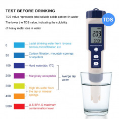 Tester de apa digital 5 in 1, testeaza PH, TDS, Temperatura, EC si Salinitatea, ecran LCD, precizie ridicata, alb/albastru