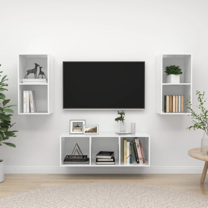 Set de dulap TV, 3 piese, alb extralucios, lemn prelucrat