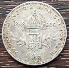 (A988) MONEDA DIN ARGINT AUSTRIA - 1 CORONA COROANA 1908, COMEMORATIVA - 60 DE ANI DE DOMNIE FRANZ JOSEPH