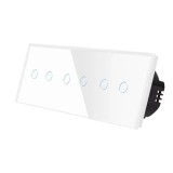 Intrerupator dublu x 3 cu indicator luminos, Luxion LX-ST-201/201/201-W, touch, incastrat, rama din sticla inclusa, alb
