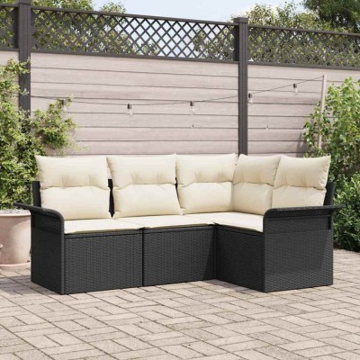 vidaXL Set de canapele pentru grădină cu pernă 4 pcs Negru Rattan poli 3345337 foto