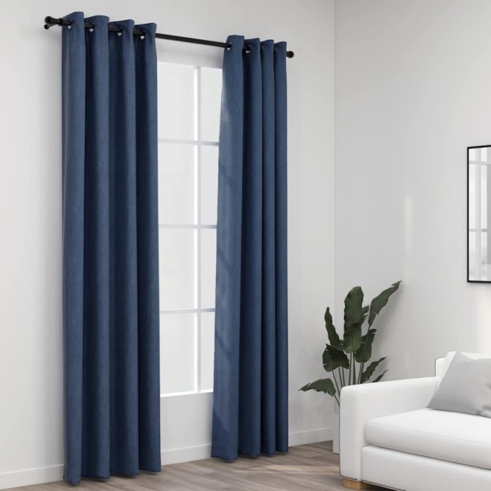 Perdele opace aspect p&acirc;nză cu ocheți 2 buc. albastru 140x225 cm