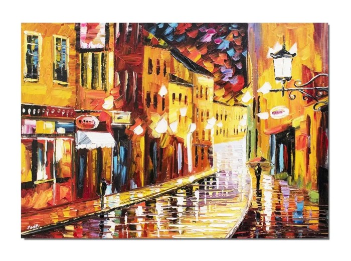 Tablou pictat manual, La lumina felinarelor prin centrul vechi, 70x50cm ulei pe panza, Superb