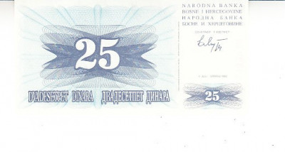 B11 - Bancnota foarte veche - Bosnia si Hertegovina - 25 dinari - 1992 foto