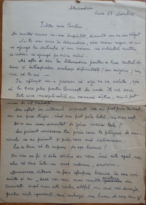 Scrisoare S. Luchian catre Cecilia Vasilescu, transcrisa olograf de Laura Cocea
