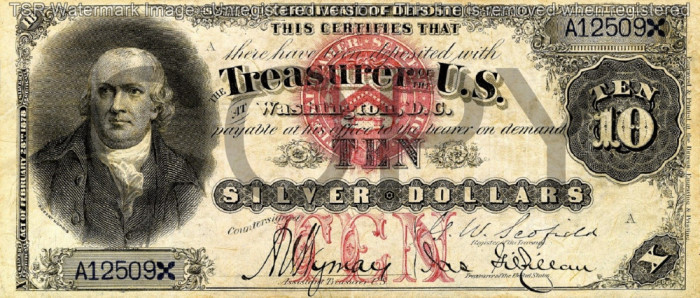 10 dolari 1878 Reproducere Bancnota USD , Dimensiune reala 1:1