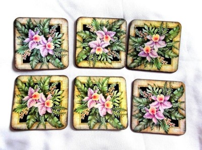 Set suporturi pahare cu flori roz, suporturi pahare din lemn 40143 foto