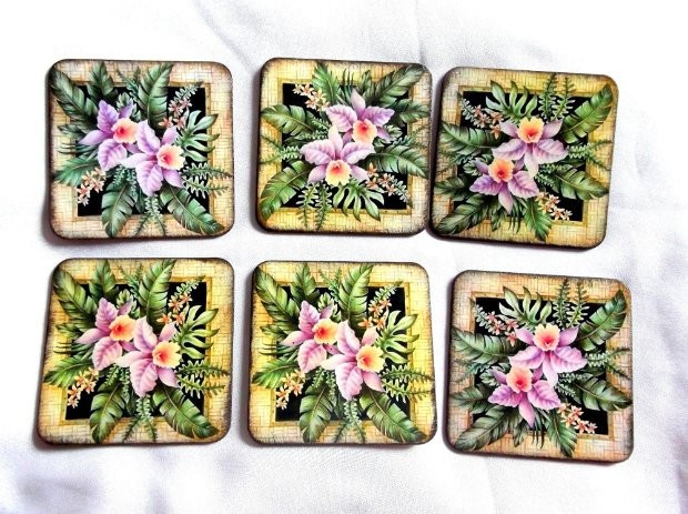 Set suporturi pahare cu flori roz, suporturi pahare din lemn 40143