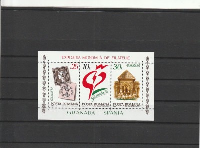 ROMANIA 1992 LP 1283 EXPOZITIA MONDIALA FILATELIE GRANADA - SPANIA BLOC DANTELAT MNH NESTAMPILAT foto
