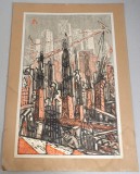 Alexandrina Zberea &quot;Construim&quot; linogravura arta proletcultista, Scene gen, Cerneala, Suprarealism