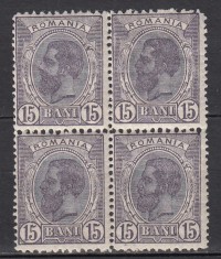 ROMANIA 1900/1906 LP 54 k REGELE CAROL I SPIC DE GRAU FARA FILIGRAN VALOAREA 15 BANI VIOLET BLOC DE 4 TIMBRE GUMA ORIGINALA STARE MNH