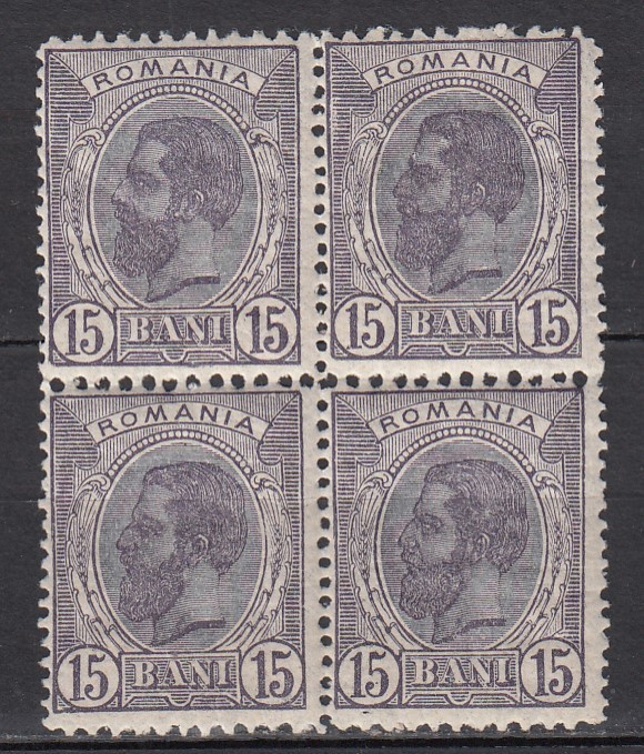 ROMANIA 1900/1906 LP 54 k REGELE CAROL I SPIC DE GRAU FARA FILIGRAN VALOAREA 15 BANI VIOLET BLOC DE 4 TIMBRE GUMA ORIGINALA STARE MNH