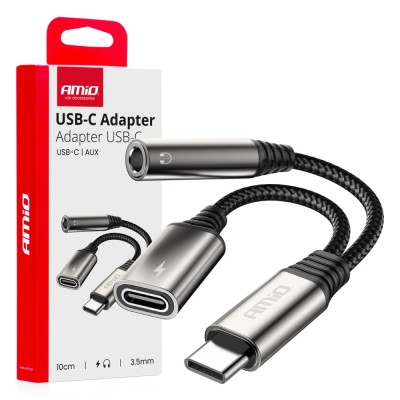 Adaptor cablu USB Tip-C la USB-C si Mini Jack Stereo, 3.5mm, 10cm foto