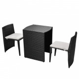 Set mobilier bistro cu perne, 3 piese, negru, poliratan