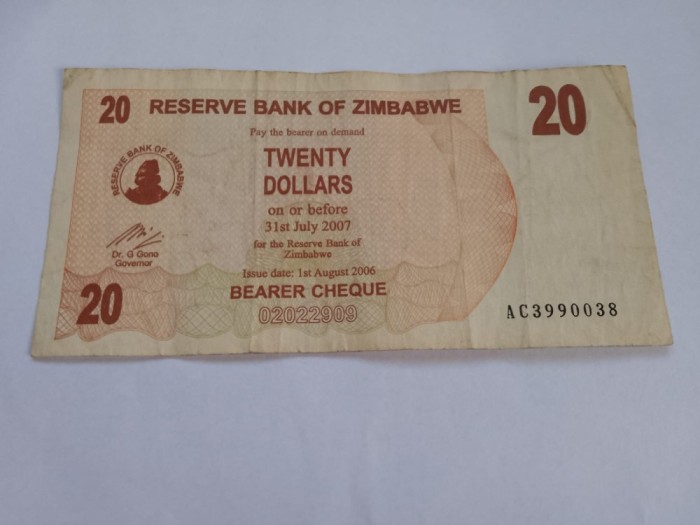20 dollars 2007 zimbabwe