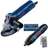 Bosch GWS 9-125 S + GO - Polizor unghiular cu fir 900 W 125 mm turatie reglabila + Masina de insurubat cu 1 acumulator Li-Ion 3.6 V 1.5 Ah 5 Nm valiza