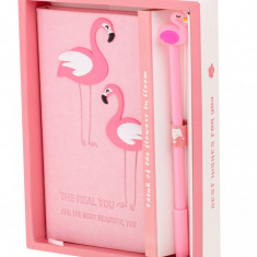 Set Cadou pentru Copii, Caiet cu Flamingo finisat cu piele ecologica + Pix cu