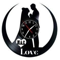 Ceas de Perete Decorativ &ldquo;Love &amp; Harmony&rdquo;, din Disc Vinil Reciclat, Design Romantic cu Păsări și Inimă, Negru, Mecanism Silențios (Sweep)-(personaliza