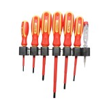 Set 7 surubelnite izolate 1000V Crownman Cr-V, varf magnetic, drepte 2.5x45 5.5x100 6.5x125mm, PH0x60 PH1x80 PH2x100mm + tester 125-250V, maner TPR